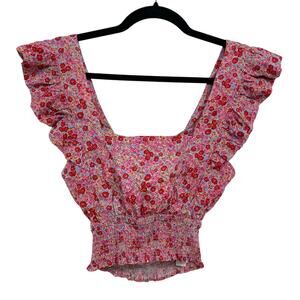 Pimkie Collection Pink & Red Ditsy Floral Ruffled Sleeve Cropped Blouse S